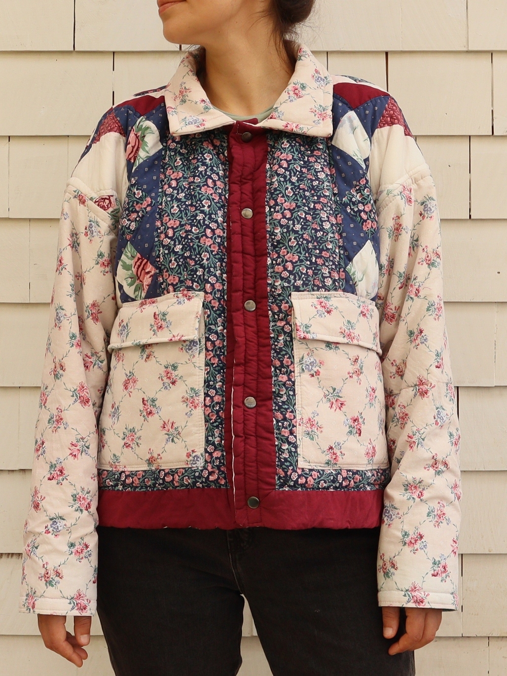 Upcycled Patchwork Quilt Coat Cream Burgundy Navy Floral L • XL